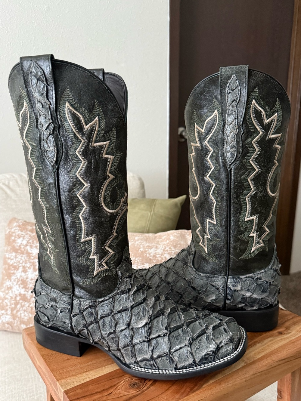 Okie Western Handmade Pirarucu Boots Size 8.5D Black/Gray Colorway